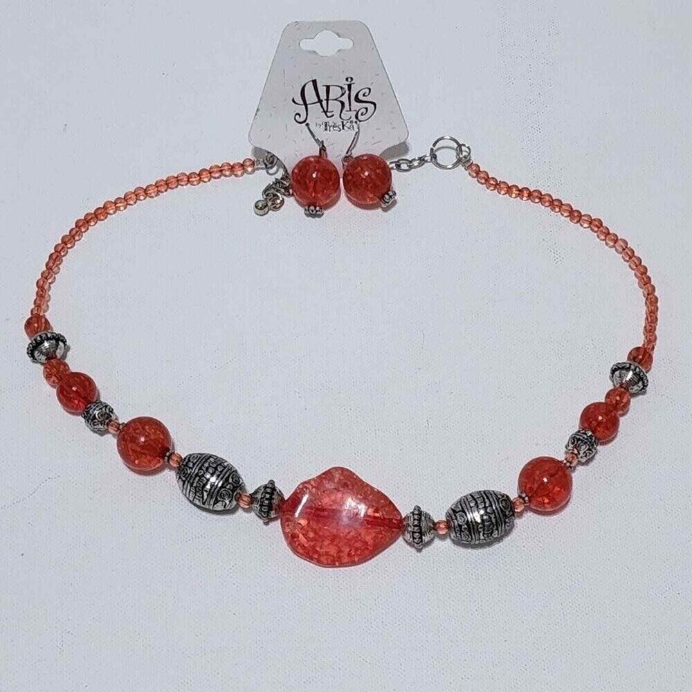 Aris by Treska Orange Crackle Bead Necklace and Earrings Set Silver Tone Boho